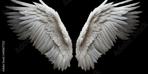 Wing of grace. Celestial dance of angels. Heavenly embrace. Angelic feathers in flight. Ethereal beauty. White wings on black background isolated