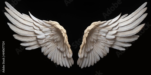 Wing of grace. Celestial dance of angels. Heavenly embrace. Angelic feathers in flight. Ethereal beauty. White wings on black background isolated