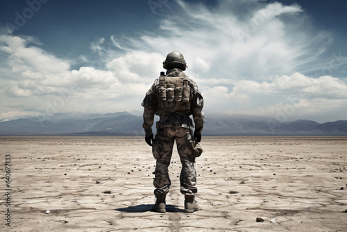 a brooding soldier taken from behind  a soldier standing on a barren land