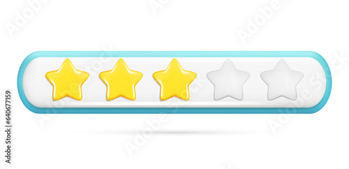 Realistic 3d rating feedback with 3 golden stars and deepening of two gray. Customer 3d quality review, user rating, feedback score, five-point scale. Vector illustration isolated on white background