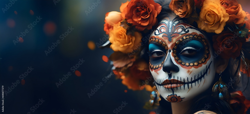 beautiful woman with dia de los muertos makeup with red and orange roses, frame template with copy space