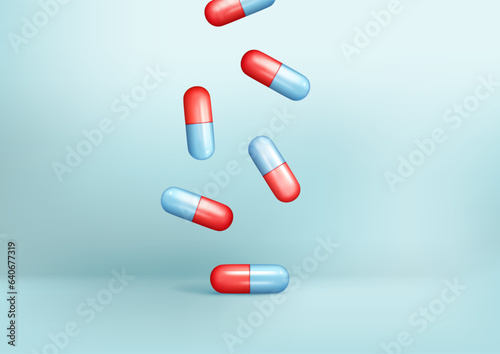 Realistic 3d glossy falling pill capsules. Cartoon 3d cylinder blue and red tablet icon, pharmaceutical capsule, pill icon, medical drug, healthcare concept. Vector illustration on blue background
