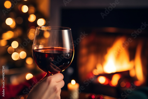 Drinking a glass of red wine in front of fireplace. Relaxing by the fire in cozy living room on winter day. Celebrating Christmas at home.