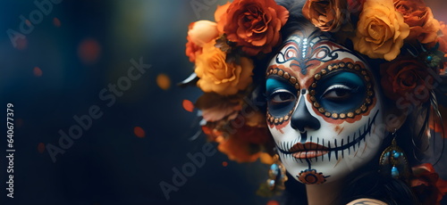 Fototapeta samoprzylepna beautiful woman with dia de los muertos makeup with red and orange roses, frame template with copy space