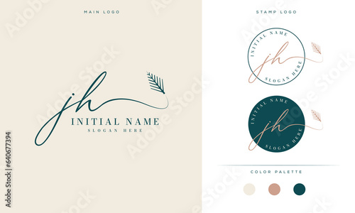 initial letter JH feminine signature logo design and palm leaf