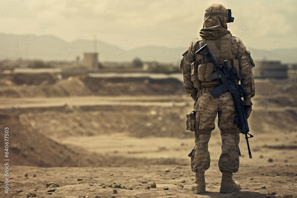 a brooding soldier taken from behind, a soldier standing on a barren land