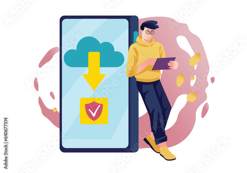 Concept download app with people scene in the flat cartoon style. An experienced gadget user downloads a new mobile app to try it out. Vector illustration.
