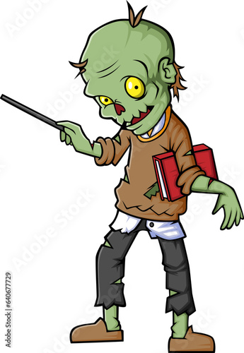 Spooky zombie teacher cartoon character on white background