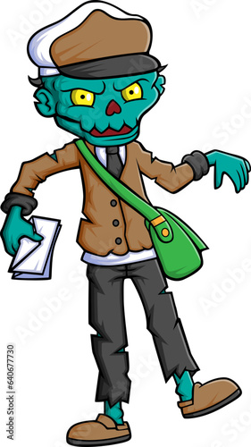 Spooky zombie postman cartoon character on white background
