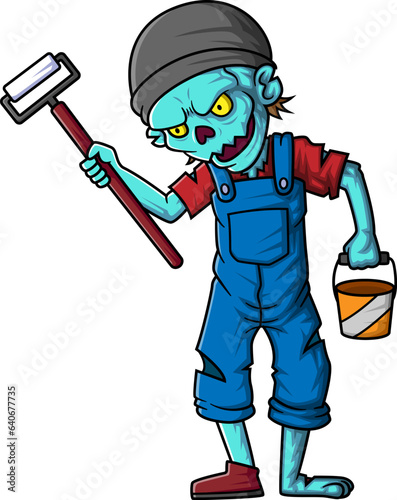 Spooky zombie painter cartoon character on white background