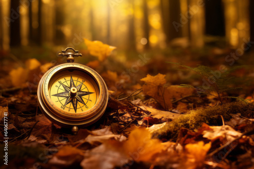 Compass laying on the yellow leaves in autumn forest. Travelling by foot in autumn season.