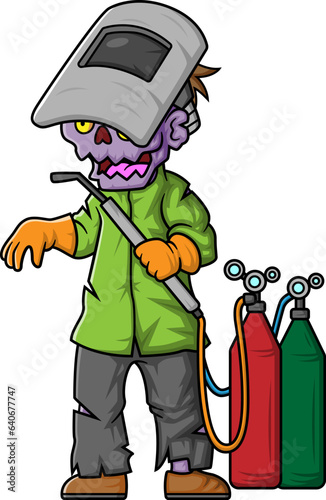 Spooky zombie welder cartoon character on white background