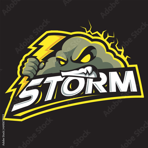 angry cloud holding lightning mascot logo