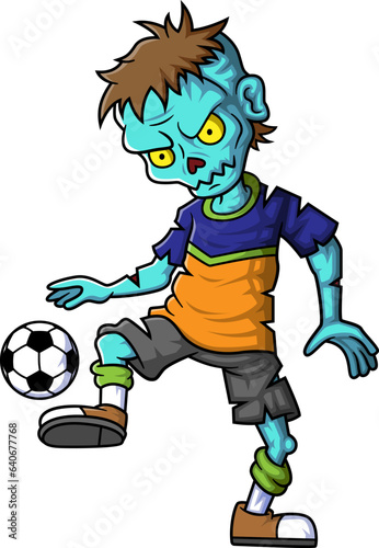 Spooky zombie soccer player cartoon character on white background
