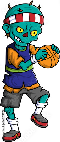 Spooky zombie basketball player cartoon character on white background