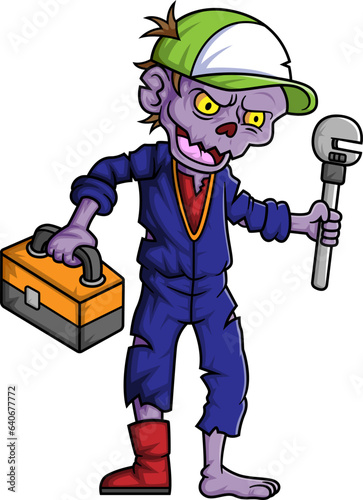 Spooky zombie plumber cartoon character on white background