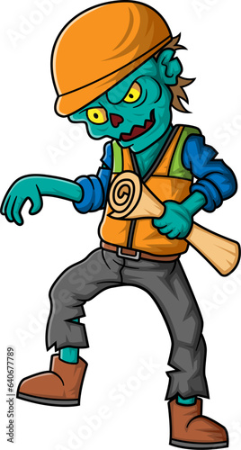 Spooky zombie architect cartoon character on white background