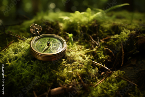 Compass laying on the green moss in summer forest. Travelling by foot in summer season.