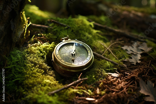 Compass laying on the green moss in summer forest. Travelling by foot in summer season.
