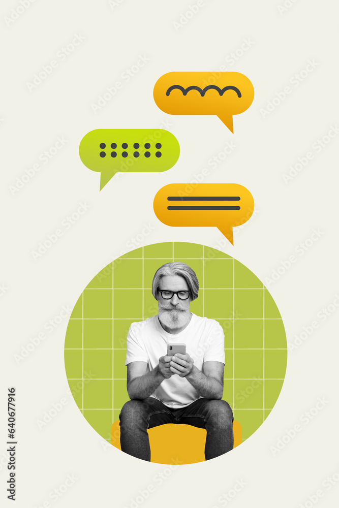 Creative collage of funny beard man sitting using smartphone texting dialogue message discuss comics image isolated on grey background