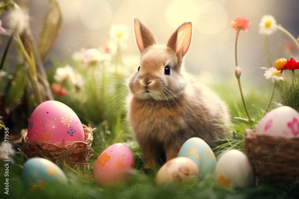 Fototapeta premium Fluffy cute Easter rabbit sitting among flowers and colourful Easter eggs.