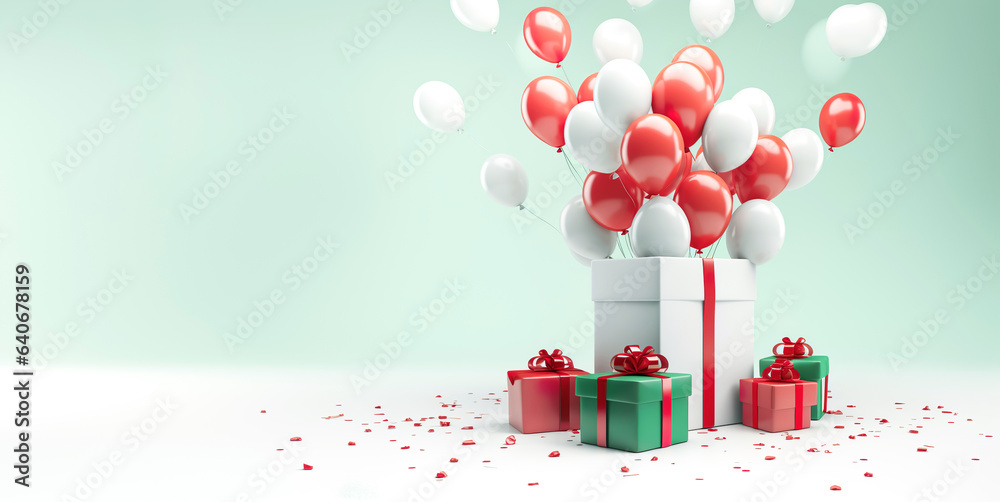 Red and green balloons and gift present for christmas celebration festival or party concepts for commercial key visual design background.greeting card decoration element.copy space