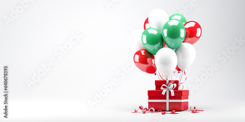 Red and green balloons and gift present for christmas celebration festival or party concepts for commercial key visual design background.greeting card decoration element.copy space photo