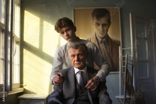 Teenage grandson hugging his grandfather in front of his father picture. Three generations of family men. Remembering family members. Time passing.