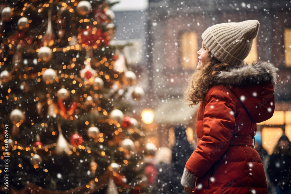 Naklejka premium Beautiful girl having wonderful time on traditional Christmas market on winter evening. A child enjoying herself in Christmas town decorated with lights.