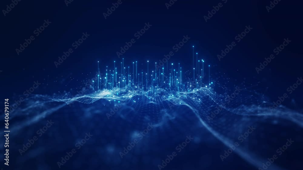 Digital technology concept big data visualization. The flow of a large number of different important information together. Polygonal particles are connected on a dark blue background.