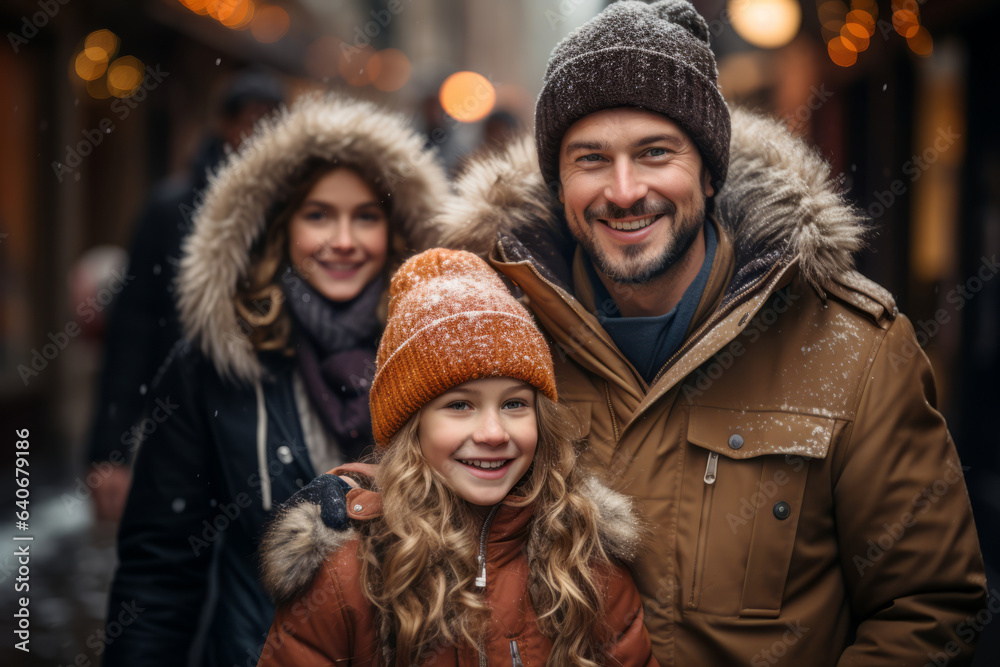 Family with a kid having wonderful time on traditional Christmas market on winter evening. Parents and child enjoying themselves in Christmas town decorated with lights.