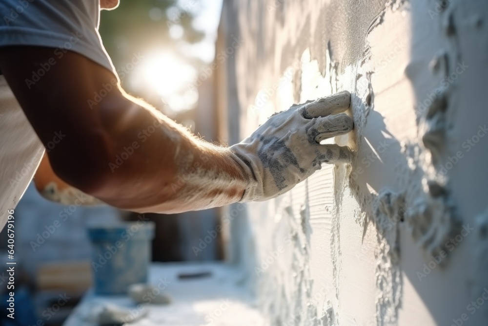 closeup hand of worker plastering cement at wall for building house closeup hand of worker plastering cement at wall for building house