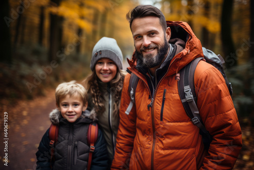 Happy family with small kids enjoying a hike in a forest on sunny autumn day. Active family leisure with children. Hiking and trekking on a nature trail.