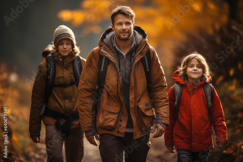 Happy family with small kids enjoying a hike in a forest on sunny autumn day. Active family leisure with children. Hiking and trekking on a nature trail.