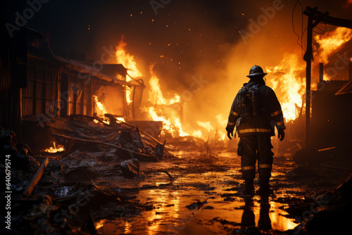 Fireman wearing firefighter turnouts and helmet on a background of burning buildings.