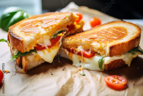 Traditional grilled cheese sandwich on a wooden table.
