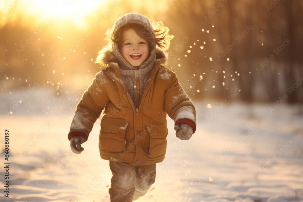 Happy little child playing in a snowfall on sunny winter day. Happy little child playing in a snowfall on sunny winter day.