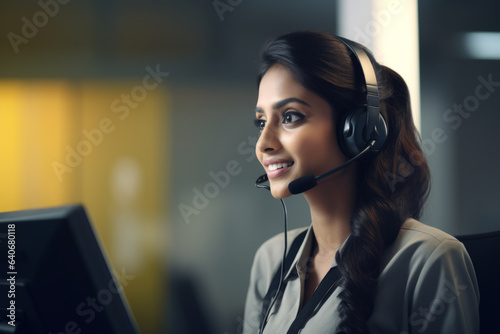 Beautiful indian woman working in call center as telemarketing operator. Customer support agent wearing headset at office.