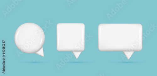 Set of realistic 3d white glossy speech bubble text, message box, chatting box. Cartoon 3d element, chat dialogue icon, empty speak bubble symbol. Abstract vector illustration on blue background