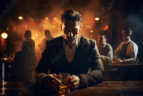 Attractive man wearing black tuxedo in whiskey bar. Handsome young man drinking alcoholic beverages in a pub.