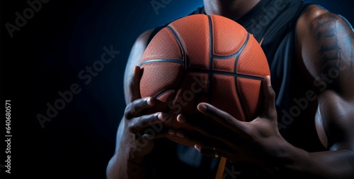 Basketball athlete in a forward stance, holding ball, offering copy photo