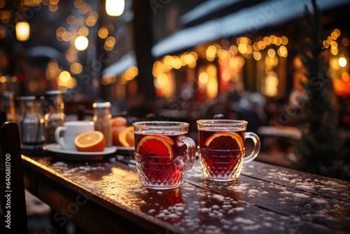 Fresh hot mulled wine a wooden table on Christmas market. Decorated and illuminated outdoor tables of a restaurant of cafe. Snowy winter day. photo