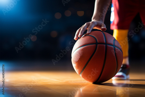 Basketball player in focus, clutching the ball, ample space for text