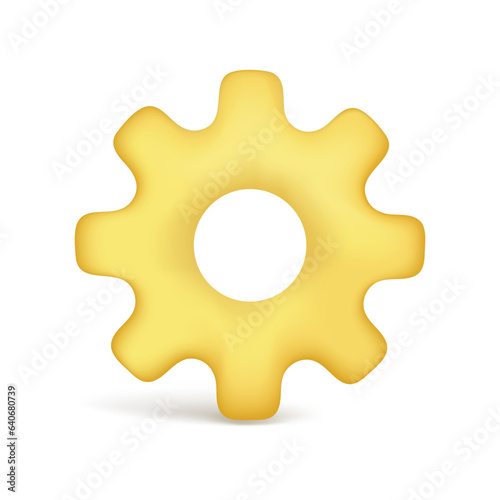 Realistic 3d yellow glossy settings icon. Cartoon 3d cogwheel gear, optimizing business concept, repair symbol, technical service or support icon. Vector illustration isolated on white background