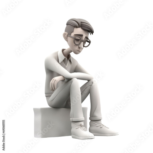 3d icon illustration lonely stress man sitting young subdued male character sad thoughts. Depressed man concept Transparent png