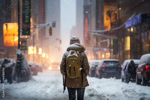Person walking the street during a snow storm. Heavy snow in evening city.