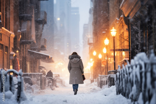 Person walking the street during a snow storm. Heavy snow in evening city.