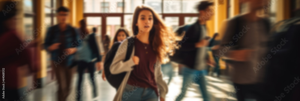 Blurred group of students and pupils quickly go to class Blurred group of students and pupils quickly go to class