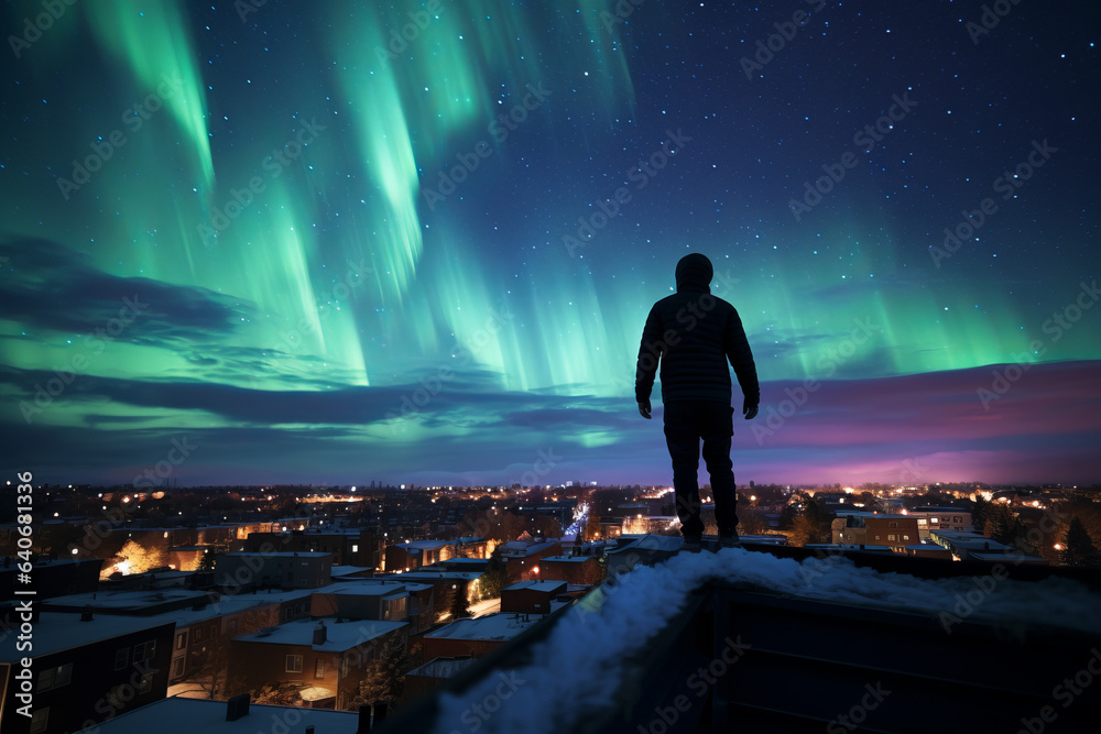 Fototapeta premium Silhouette of a man standing on the roof of his house admiring the view of aurora borealis. Sky with stars and green polar lights. Northern lights.