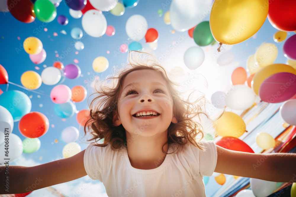 Cheerful funny child holding colourful balloons on a sky background. Kid having fun with balloons and confetti.